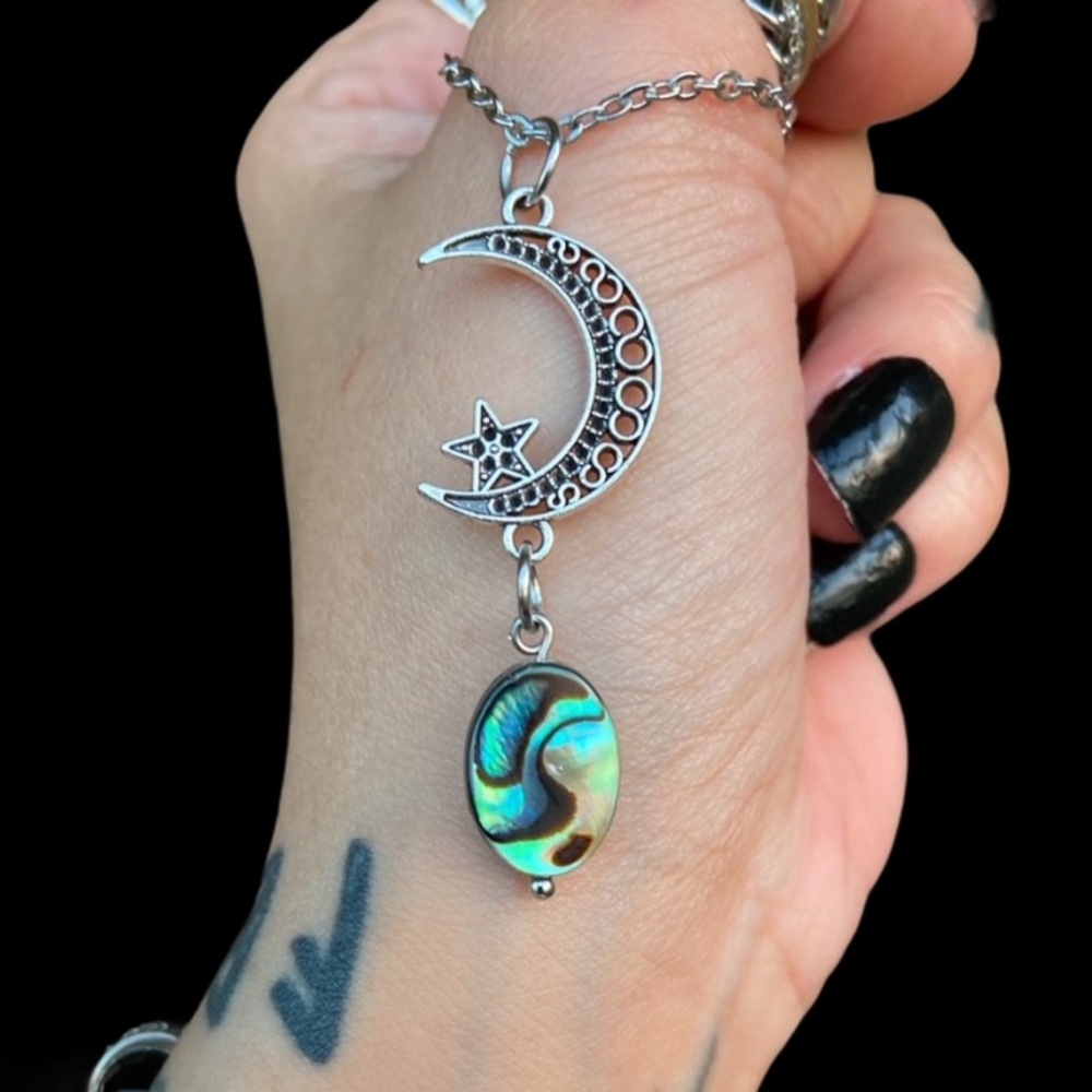 Moon star abalone shell iridescent boho necklace